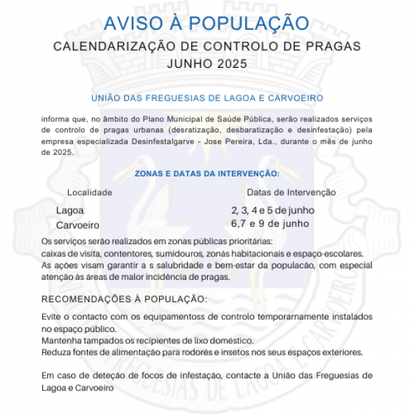 Calendariza&ccedil;&atilde;o de Controlo de Pragas 