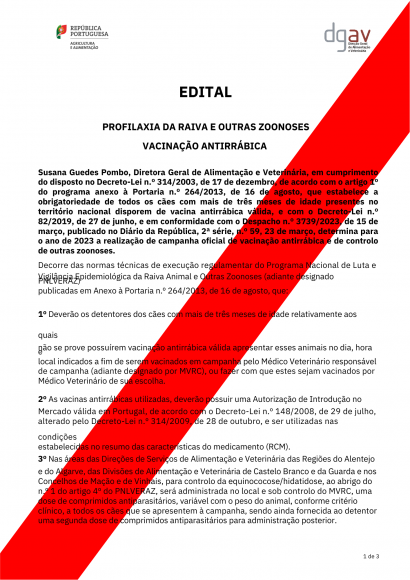 Vacina&ccedil;&atilde;o Antirr&aacute;bica e de Controlo de Outras Zoonoses (CVAR) em 2023